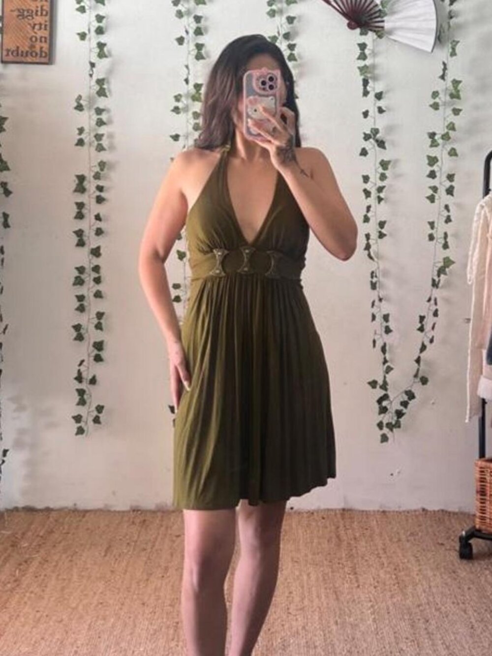 Y2K Forever 21 olive green halter mini dress with bead details. Size medium